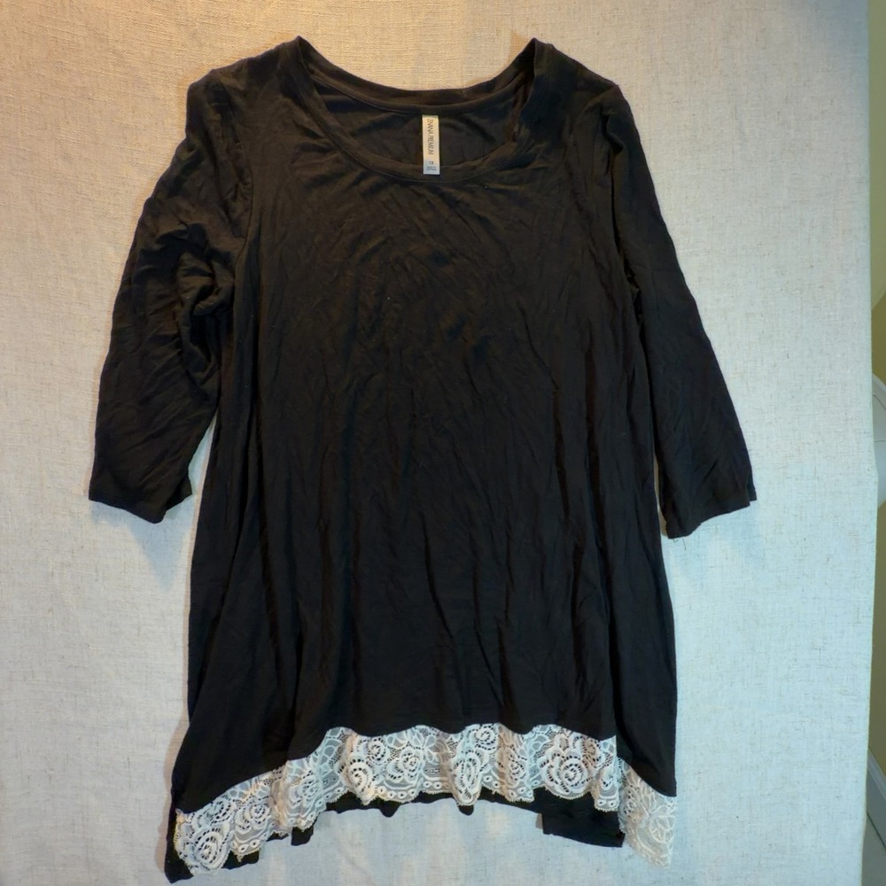Zenana Premium Tunic Top Black 3/4 Sleeve Lace Trim Scoop Neck Women's Size 1X